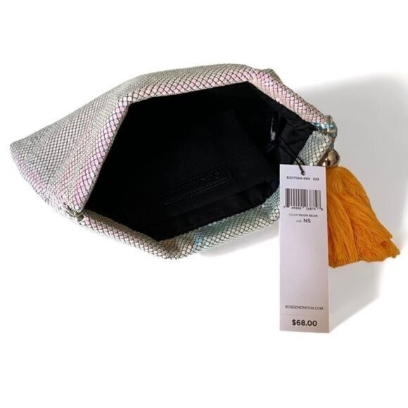 NWT BCBGeneration Silver Chainmail Clutch Metallic Orange Tassel Small Party - Picture 3 of 8